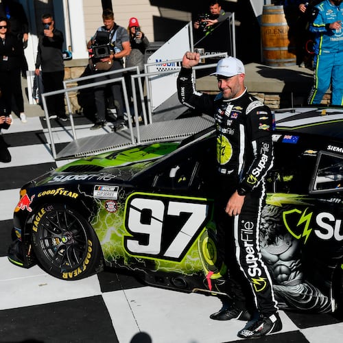 Shane Van Gisbergen celebrates after winning a NASCAR Cup Series auto race, Sunday, May 10, 2026, in Watkins Glen, N.Y. (Photo/Adrian Kraus)