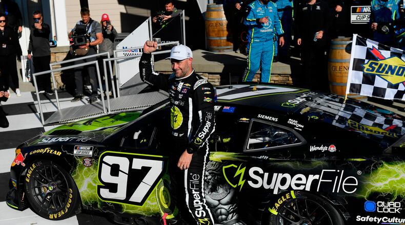 Shane Van Gisbergen celebrates after winning a NASCAR Cup Series auto race, Sunday, May 10, 2026, in Watkins Glen, N.Y. (Photo/Adrian Kraus)