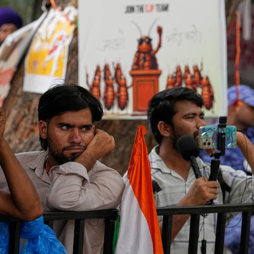 Supporters listen to a speaker during a protest by the Cockroach Janta Party demanding the resignation of Education Minister Dharmendra Pradhan over alleged examination irregularities and repeated paper leaks, in New Delhi, India, on July 10, 2026. (AP Photo/Manish Swarup)