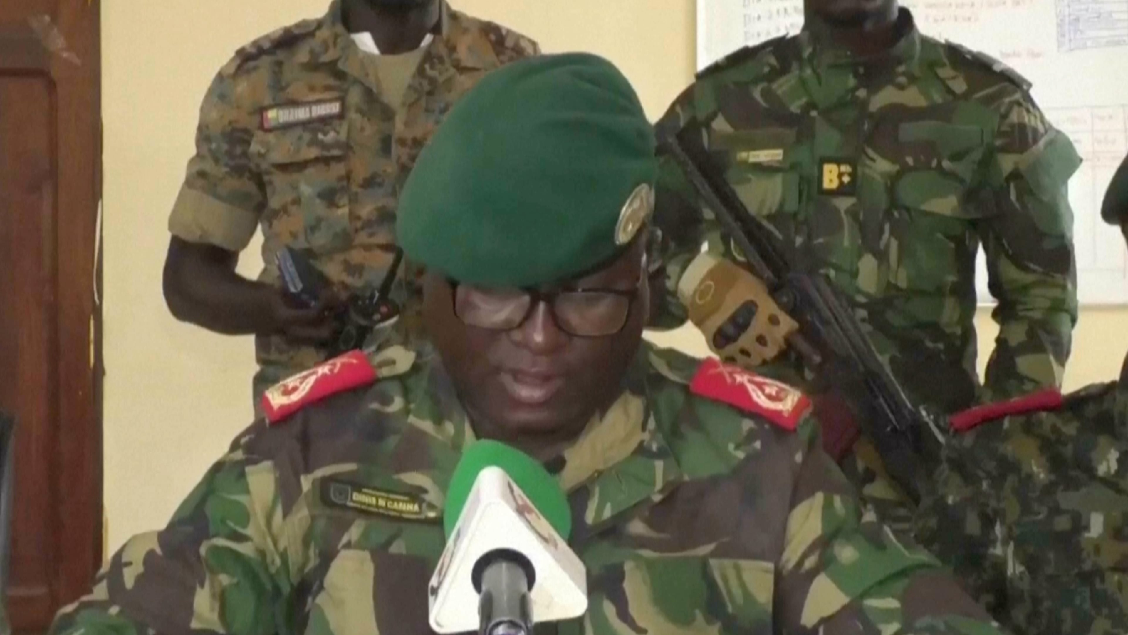 Dinis N’Tchama, military spokesperson, speaks on Wednesday, Nov. 26, 2025 in Bissau, Guinea-Bissau. (TGB Guinea-Bissau via AP)