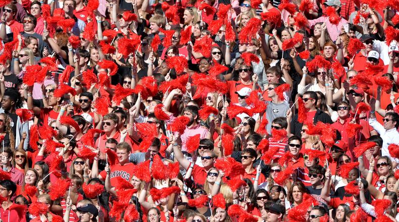 The UGA-Vanderbilt football game Oct. 4 was also legislative day for state lawmakers on the UGA campus. The university spent $18,000 on meals, entertainment and football as legislators mingled with college administrators in the rowdy atmosphere of Sanford Stadium. UGA won the game, 44-17. BRANT SANDERLIN / BSANDERLIN@AJC.COM