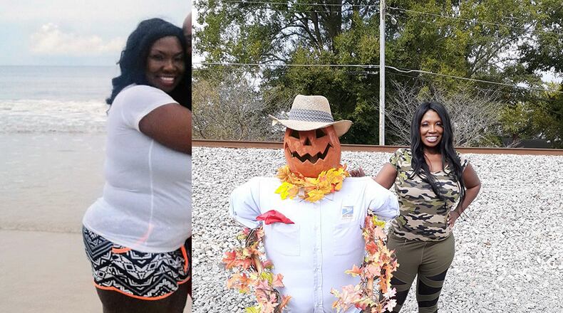 In the photo on the left, taken in December 2017, Daisy Burris weighed 260 pounds. In the photo on the right, taken this month, she weighed 181 pounds. (Photos contributed by Daisy Burris)