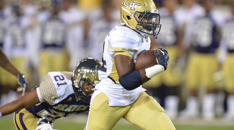 September 3, 2015 Atlanta - Georgia Tech Yellow Jackets running back Marcus Marshall (34) runs for a touchdown in the first half of the Georgia Tech season opener against the Alcorn State Braves in Bobby Dodd Stadium on Thursday, September 3, 2015. HYOSUB SHIN / HSHIN@AJC.COM