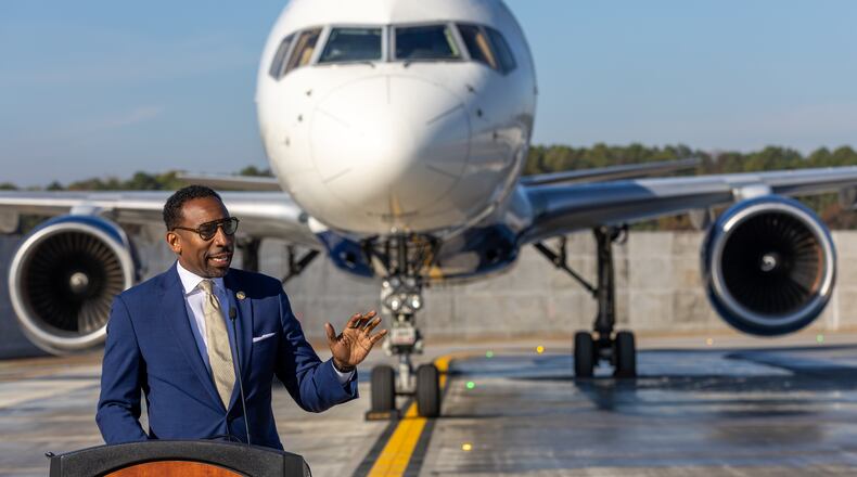 Mayor of Atlanta Andre Dickens talks before a ribbon cutting for a new Taxiway Improvement at Hartsfield-Jackson Atlanta International Airport Tuesday, Nov. 1, 2022. (Steve Schaefer/steve.schaefer@ajc.com)
