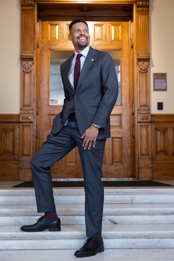 Phil Olaleye, D-Atlanta, poses for a portrait at the Capitol in Atlanta on Thursday, February 26, 2026, as part of this year’s “best-dressed lawmakers” list. (Arvin Temkar/AJC)