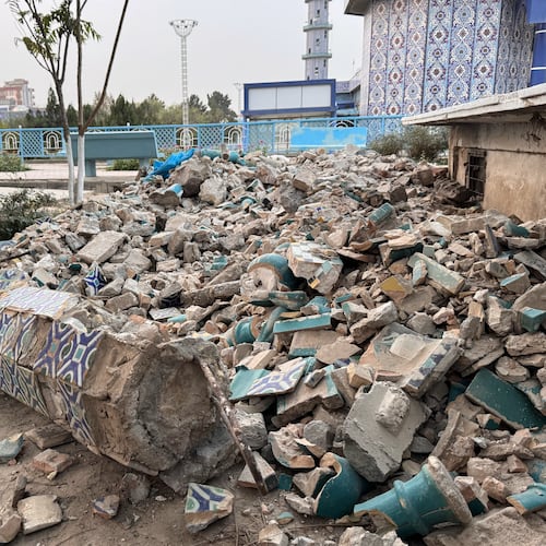 Damage is seen in the historic Blue Mosque after a powerful 6.3-magnitude earthquake in Mazar-e-Sharif, northern Afghanistan, Monday, Nov. 3, 2025. (AP Photo/Sirat Noori)