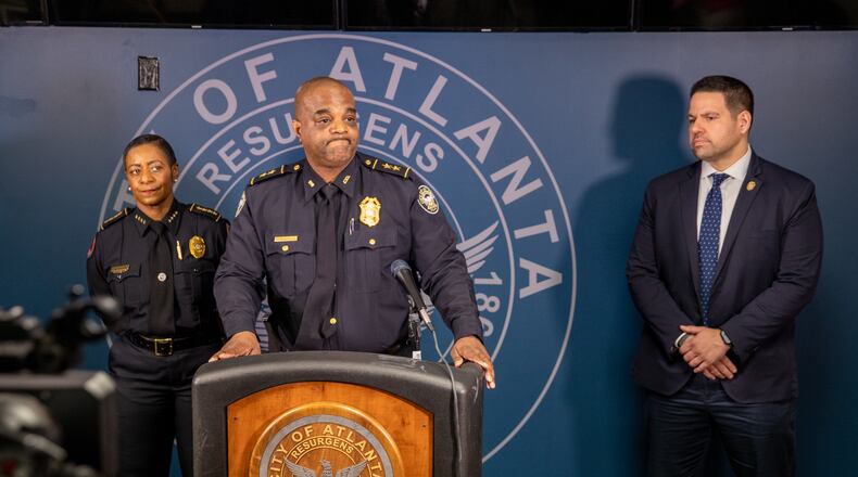 The Atlanta Police Department and Clark Atlanta University police hold a press conference on Thursday, March 2, 2023, to announce an arrest in the shooting death of Clark Atlanta University student Jatonne Sterling. Clark Atlanta University Chief Debra Williams (from left), APD Deputy Chief Charles Hampton Jr. and APD Detective Patrick Deegan participated in the news conference. (Jenni Girtman for The Atlanta Journal-Constitution)