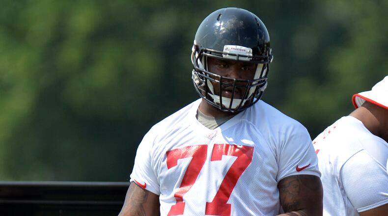 June 17, 2014 Flowery Branch, GA: Atlanta Falcons defensive end Ra'Shede Hageman during mini-camp Tuesday June 17, 2014. BRANT SANDERLIN /BSANDERLIN@AJC.COM .