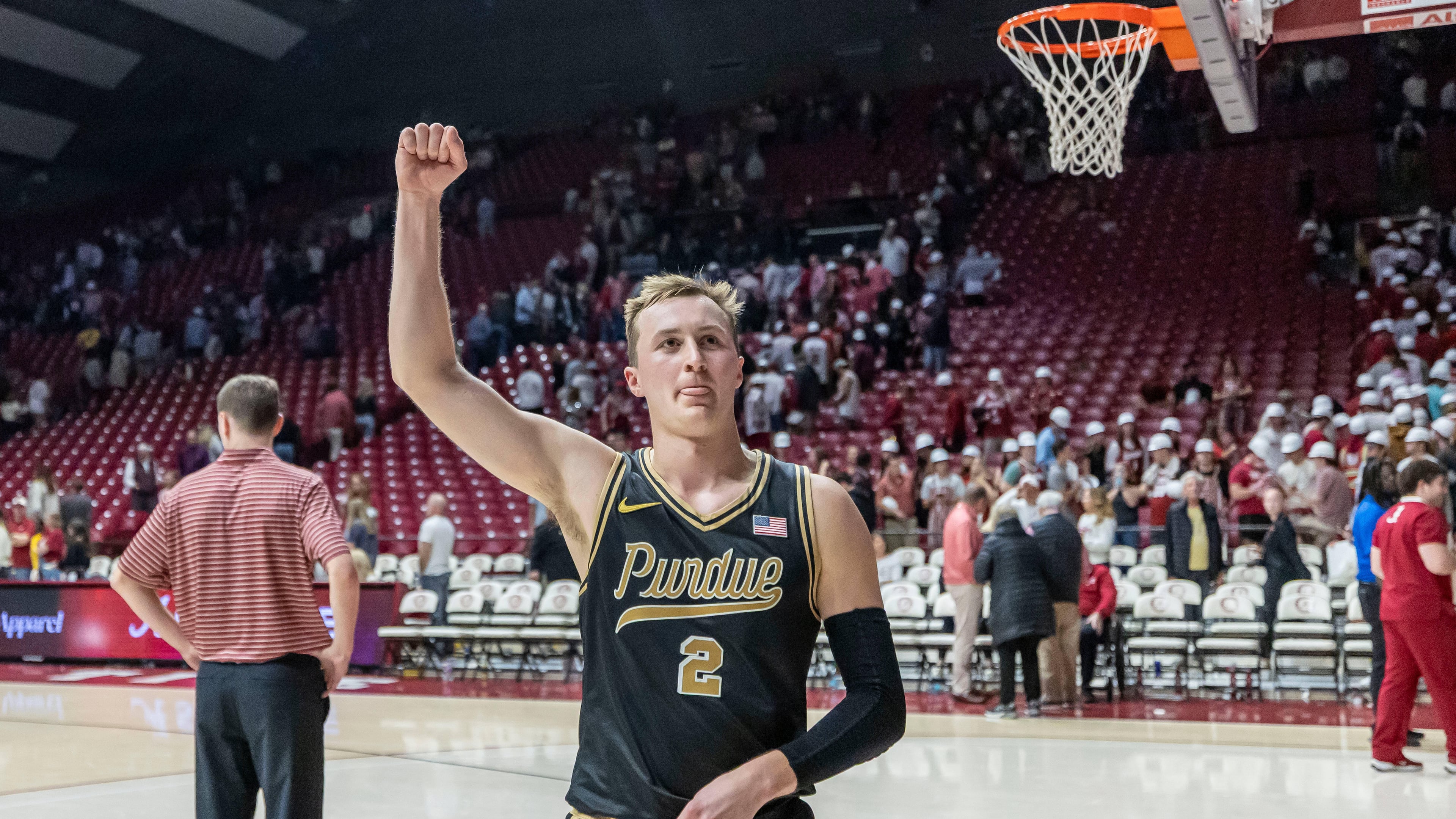 Purdue guard Fletcher Loyer (2) celebrates after a win over Alabama in an NCAA college basketball game, Thursday, Nov. 13, 2025, in Tuscaloosa, Ala. (AP Photo/Vasha Hunt)