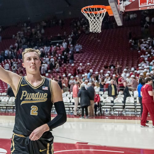 Purdue guard Fletcher Loyer (2) celebrates after a win over Alabama in an NCAA college basketball game, Thursday, Nov. 13, 2025, in Tuscaloosa, Ala. (AP Photo/Vasha Hunt)