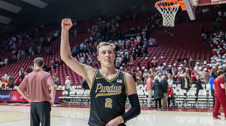 Purdue guard Fletcher Loyer (2) celebrates after a win over Alabama in an NCAA college basketball game, Thursday, Nov. 13, 2025, in Tuscaloosa, Ala. (AP Photo/Vasha Hunt)