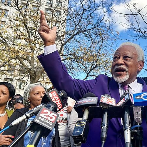 Sonya Massey’s father, James Wilburn, speaks outside the Peoria County Courthouse in Peoria, Ill. on Wednesday, October 29, 2025. (AP Photo/John O’Connor)
