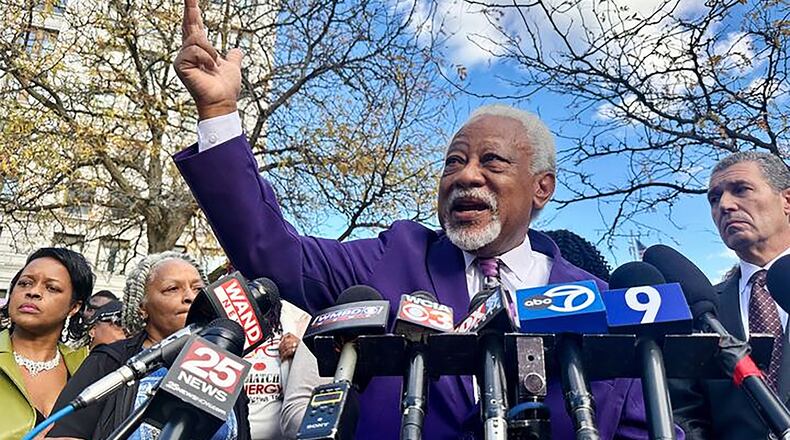 Sonya Massey’s father, James Wilburn, speaks outside the Peoria County Courthouse in Peoria, Ill. on Wednesday, October 29, 2025. (AP Photo/John O’Connor)