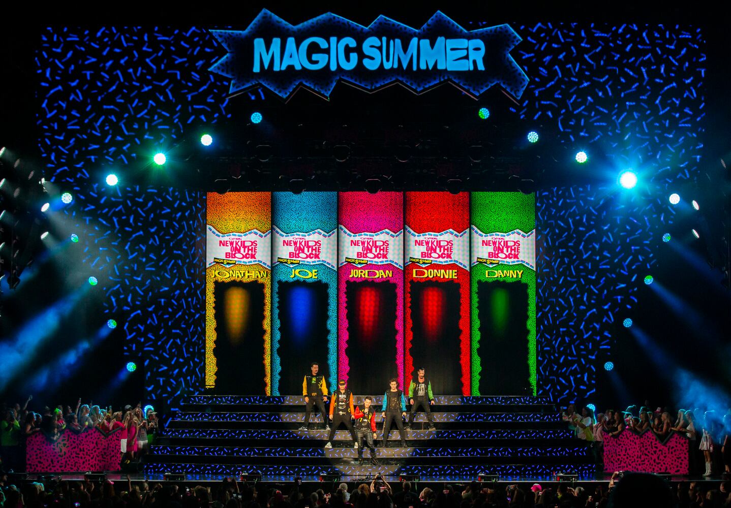 New Kids on the Block cranked out the hits to a packed house of neon clad fans at Ameris Bank Amphitheatre in Alpharetta on Friday, July 26, 2024. (RYAN FLEISHER FOR THE ATLANTA JOURNAL-CONSTITUTION)