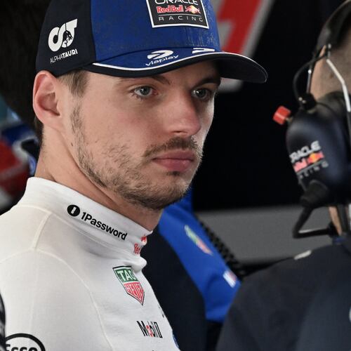 Red Bull driver Max Verstappen of the Netherlands, left, prepares for the qualifying session ahead of the British F1 Grand Prix, in Silverstone, England, Saturday, July 4, 2026. (Peter Powell/Pool via AP)
