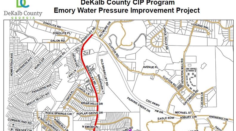 DeKalb County announced that work will be 9.m. Sunday to repair the water main in the Briarcliff Road/North Decatur Road area.