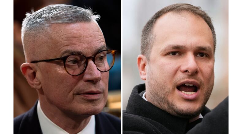 This combination image shows Jim McGreevey, left, in Trenton, N.J., Jan. 10, 2023, and James Solomon, Nov. 25, 2025, in Jersey City, N.J. (AP Photo/Matt Rourke, Frank Franklin II, file)