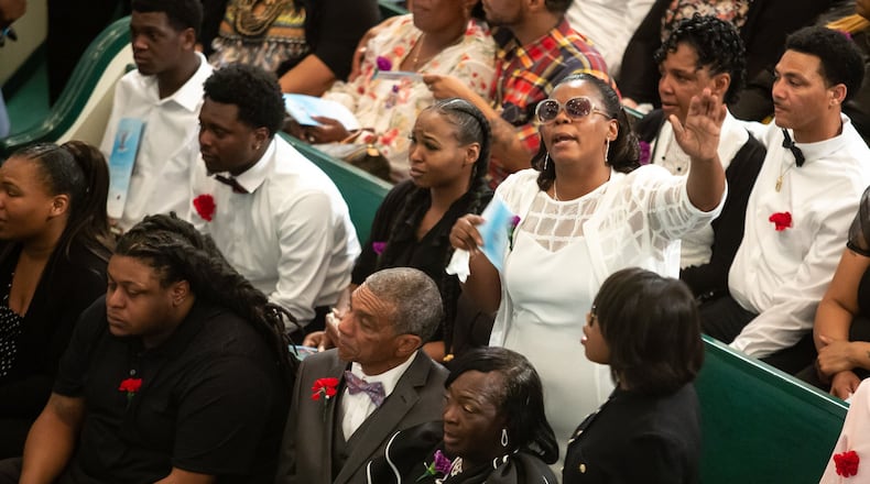 Johnny and Kathie White listen during the funeral service for their daughter Sandra White and her son Arkeyvion White at the Mount Carmel Baptist Church Saturday, April 13, 2019, in Atlanta. Sandra Arkeyvion White where killed during a 16-hour standoff April 4. STEVE SCHAEFER / SPECIAL TO THE AJC