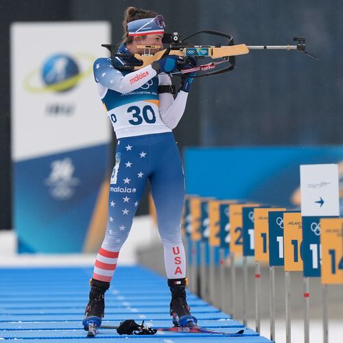 Deedra Irwin, of the United States, competes during the women's 7.5-kilometer sprint biathlon race at the 2026 Winter Olympics in Anterselva, Italy, Saturday, Feb. 14, 2026. (AP Photo/Andrew Medichini)