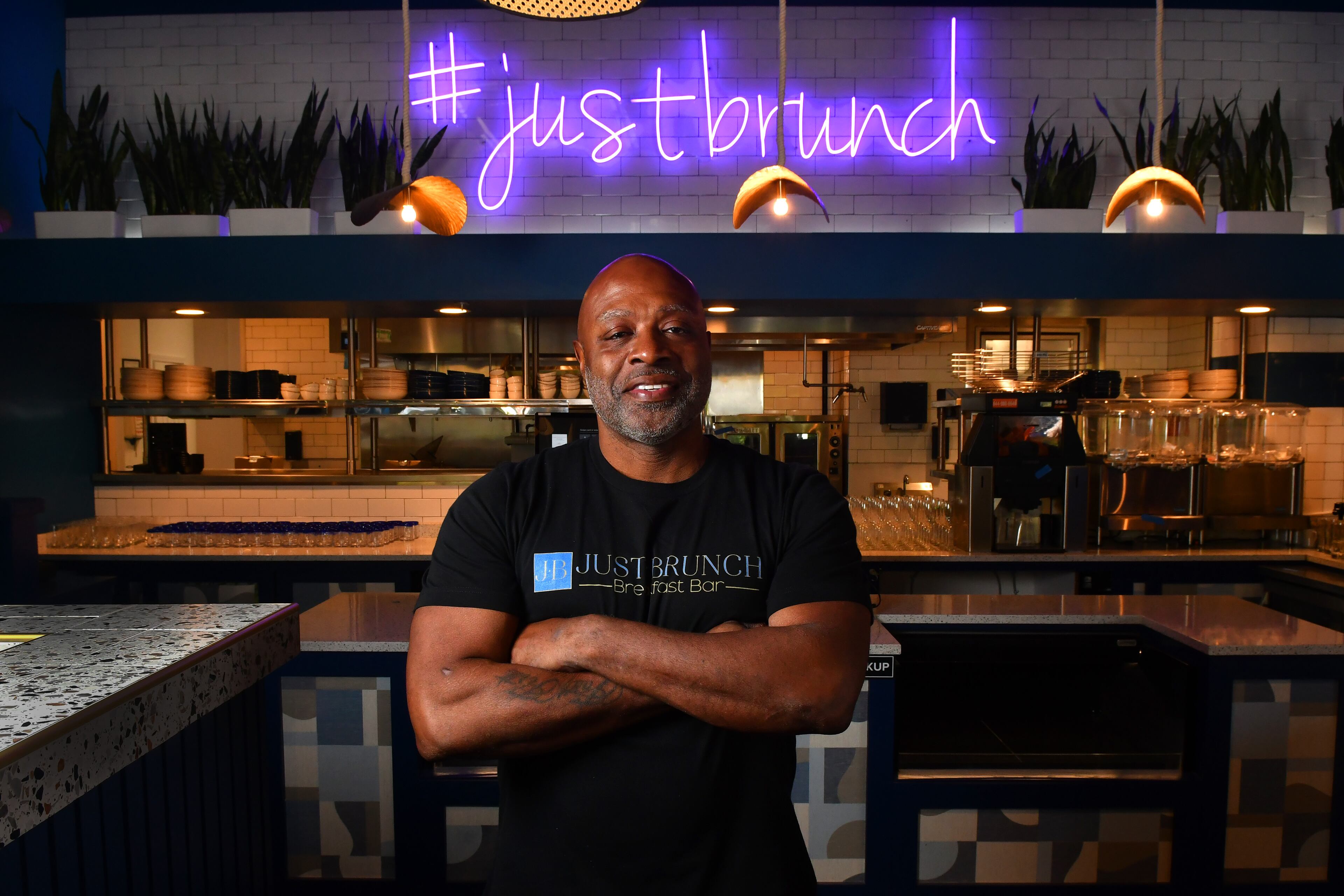 221021 Duluth, Ga: Keith Kash, owner and chef of Just Brunch, a soon-to-open restaurant in Duluth, takes a few minutes to pose for photos during a hectic week leading up to opening of the restaurant. Photo for profile on chef and owner Keith Kash, photographed in his the soon-to-open restaurant Just Brunch, in Duluth - for Culinary Journey series. Photo taken Friday October 21, 2022. (CHRIS HUNT FOR THE ATLANTA JOURNAL-CONSTITUTION)