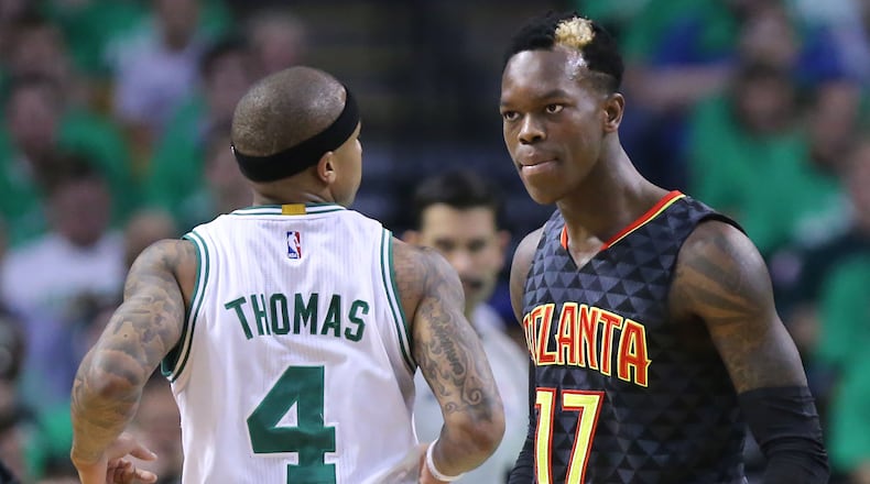 Celtics guard Isaiah Thomas and Hawks guard Dennis Schroder are both called for technical fouls as they get into a scuffle during the first half in their NBA Eastern Conference first round playoff basketball game at TD Garden on Friday, April 22, 2016, in Boston. Curtis Compton / ccompton@ajc.comon