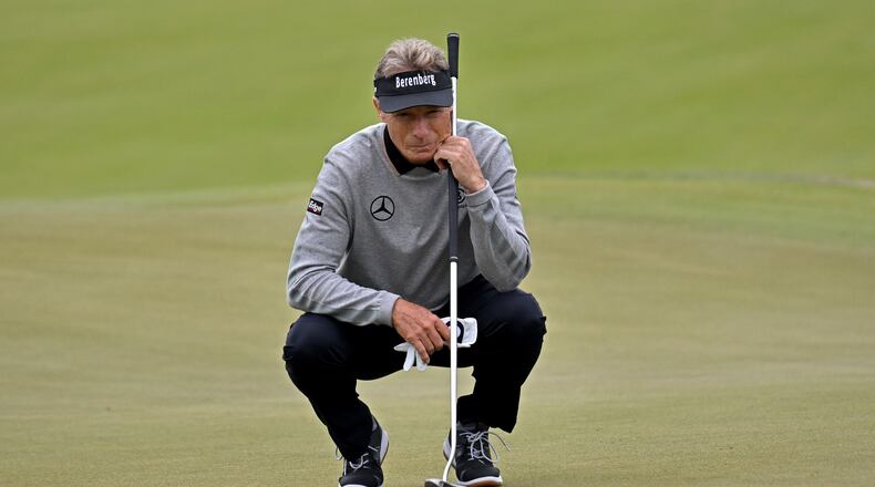 Bernhard Langer lines up a putt on the 10th hole during the first round of the Mitsubishi Electric Classic at TPC Sugarloaf, Friday, May 5, 2023, in Duluth. (Hyosub Shin / Hyosub.Shin@ajc.com)