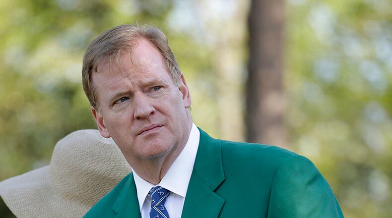 Roger Goodell, Commissioner of the National Football League, watches the first round of the Masters golf tournament, Thursday, April 10, 2014, in Augusta, Ga. (AP Photo/David J. Phillip) Here's Roger Goodell, in relatively sedate times at Augusta National in April (AP photo)