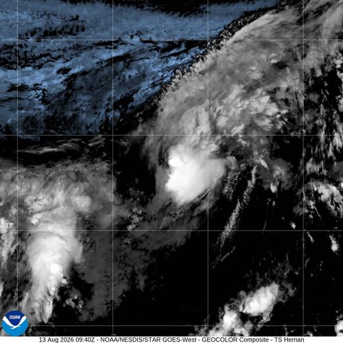 This NOAA satellite image shows a tropical depression becoming Tropical Storm Hernan over the East Pacific, Thursday, Aug. 13, 2026. (NOAA via AP)