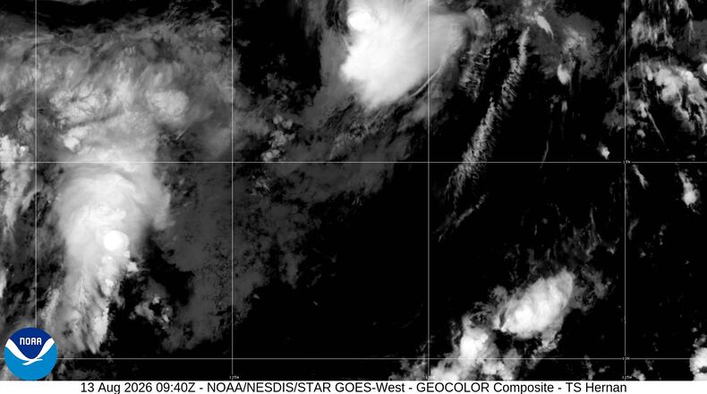 This NOAA satellite image shows a tropical depression becoming Tropical Storm Hernan over the East Pacific, Thursday, Aug. 13, 2026. (NOAA via AP)