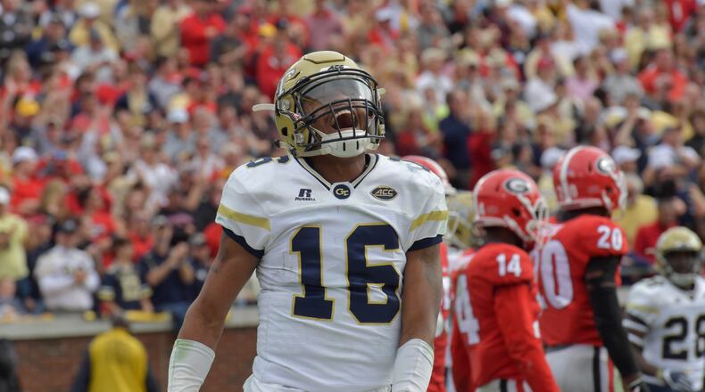 November 25, 2017 Atlanta - Georgia Tech quarterback TaQuon Marshall (16) celebrates in the first half of an NCAA college football game at Bobby Dodd Stadium on Saturday, November 25, 2017. HYOSUB SHIN / HSHIN@AJC.COM