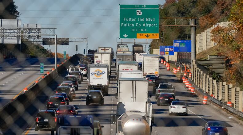 A crash caused major backups on I-20 East just before I-285 in Fulton County on Tuesday, Nov. 11, 2025. (Ben Hendren for the AJC)