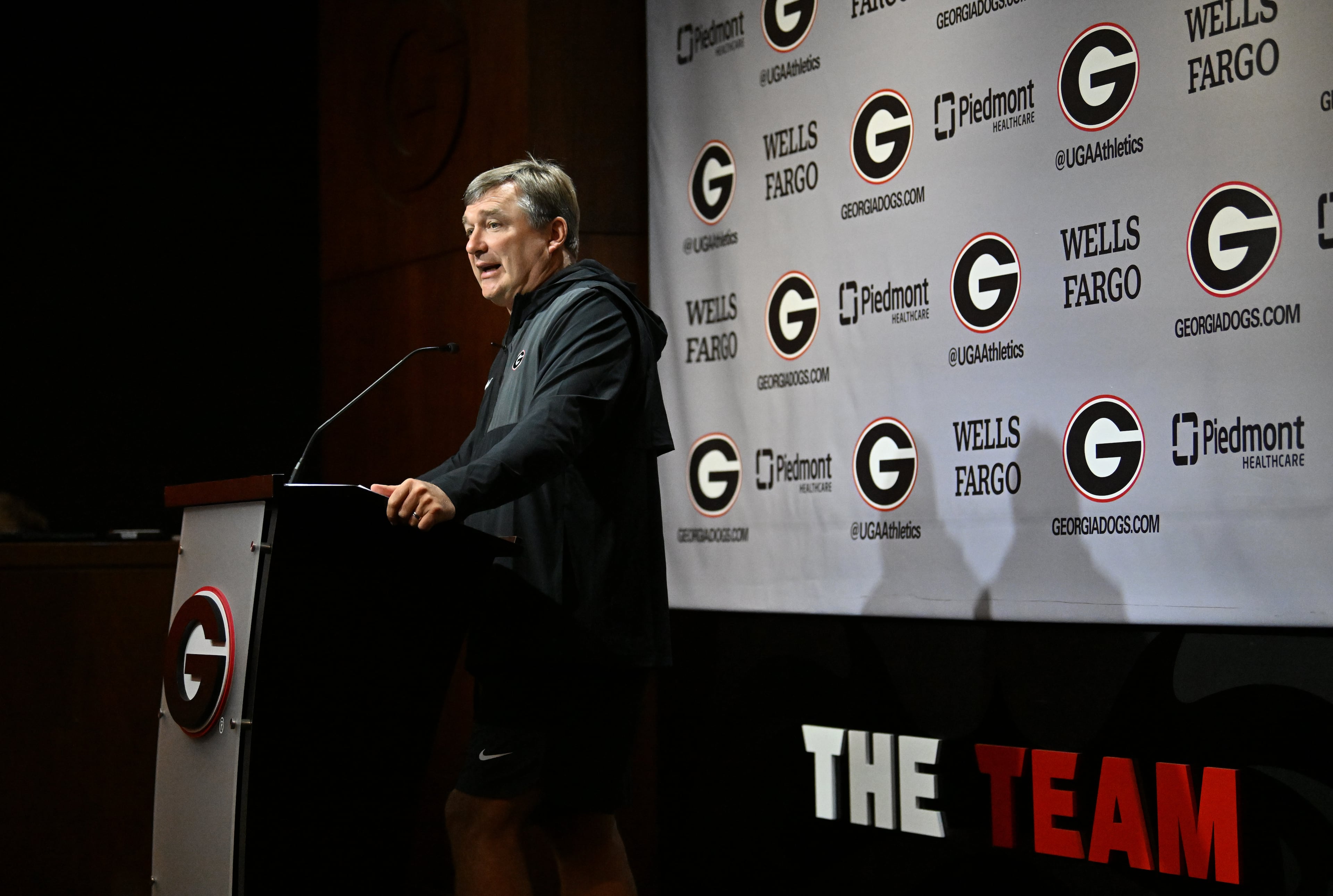 Georgia football head coach Kirby Smart speaks to members of the press during a press conference ahead of their football practice at the Butts-Mehre Building, Thursday, July 31, 2025, in Athens. (Hyosub Shin / AJC)