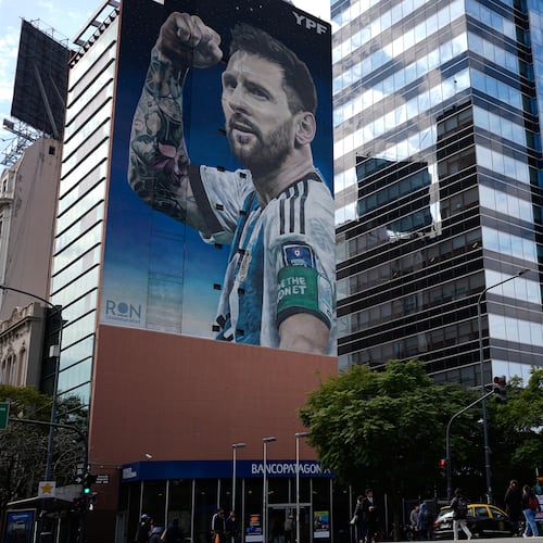 A mural of Argentine soccer player Lionel Messi covers a building in Buenos Aires, Argentina, Monday, Aug. 31, 2026. (AP Photo/Natacha Pisarenko)