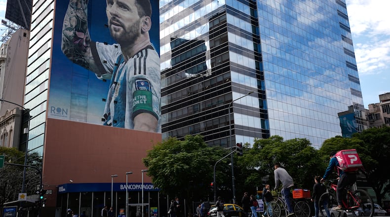 A mural of Argentine soccer player Lionel Messi covers a building in Buenos Aires, Argentina, Monday, Aug. 31, 2026. (AP Photo/Natacha Pisarenko)