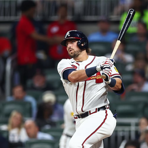 Atlanta Braves' Austin Riley hits an RBI single in the fourth inning of a baseball game against the Miami Marlins, Monday, April 13, 2026, in Atlanta. (AP Photo/Colin Hubbard)