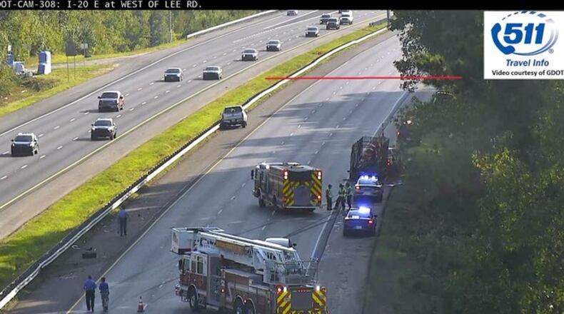 Two construction workers were seriously injured Friday morning when a stolen pickup truck caused a chain-reaction crash on I-20 in Douglasville.