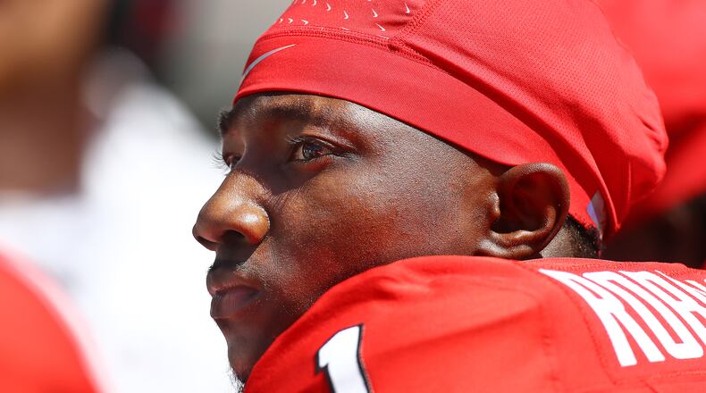 041324 Athens: Georgia defensive back Ellis Robinson IV watches from the bench between defensive series at the G-Day game on Saturday, April 13, 2024.  Curtis Compton for the Atlanta Journal Constitution