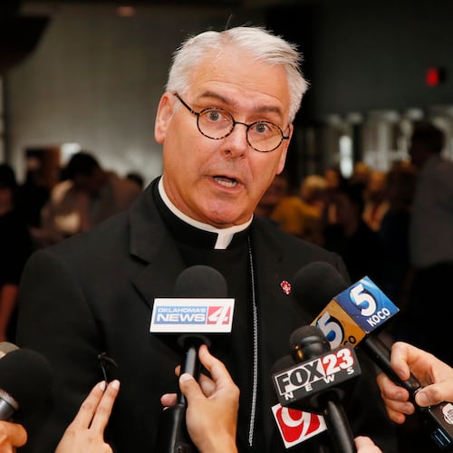FILE - Archbishop Paul Coakley speaks to the media before the Beatification Ceremony for Stanley Rother in Oklahoma City, Sept. 23, 2017. (AP Photo/Sue Ogrocki, File)