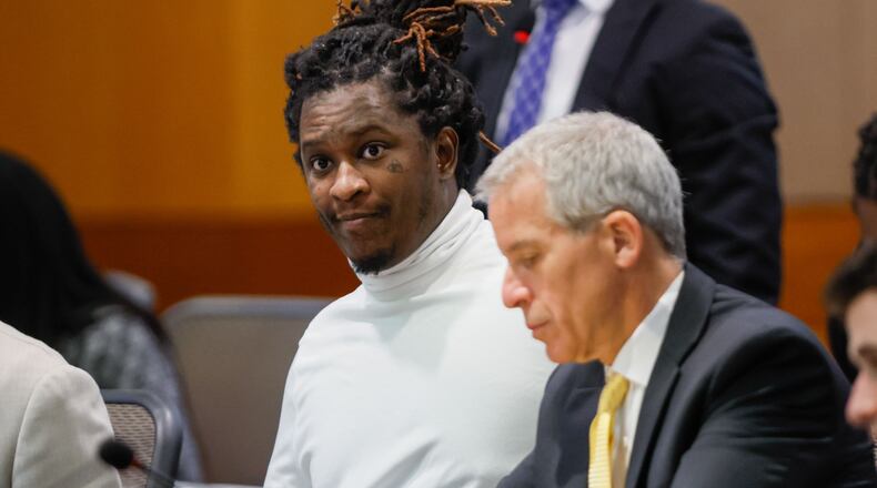 Atlanta rapper Young Thug reacts during the YSL trial at the Fulton County Courthouse in Atlanta on Wednesday, Sept. 4., 2024.
(Miguel Martinez / AJC)