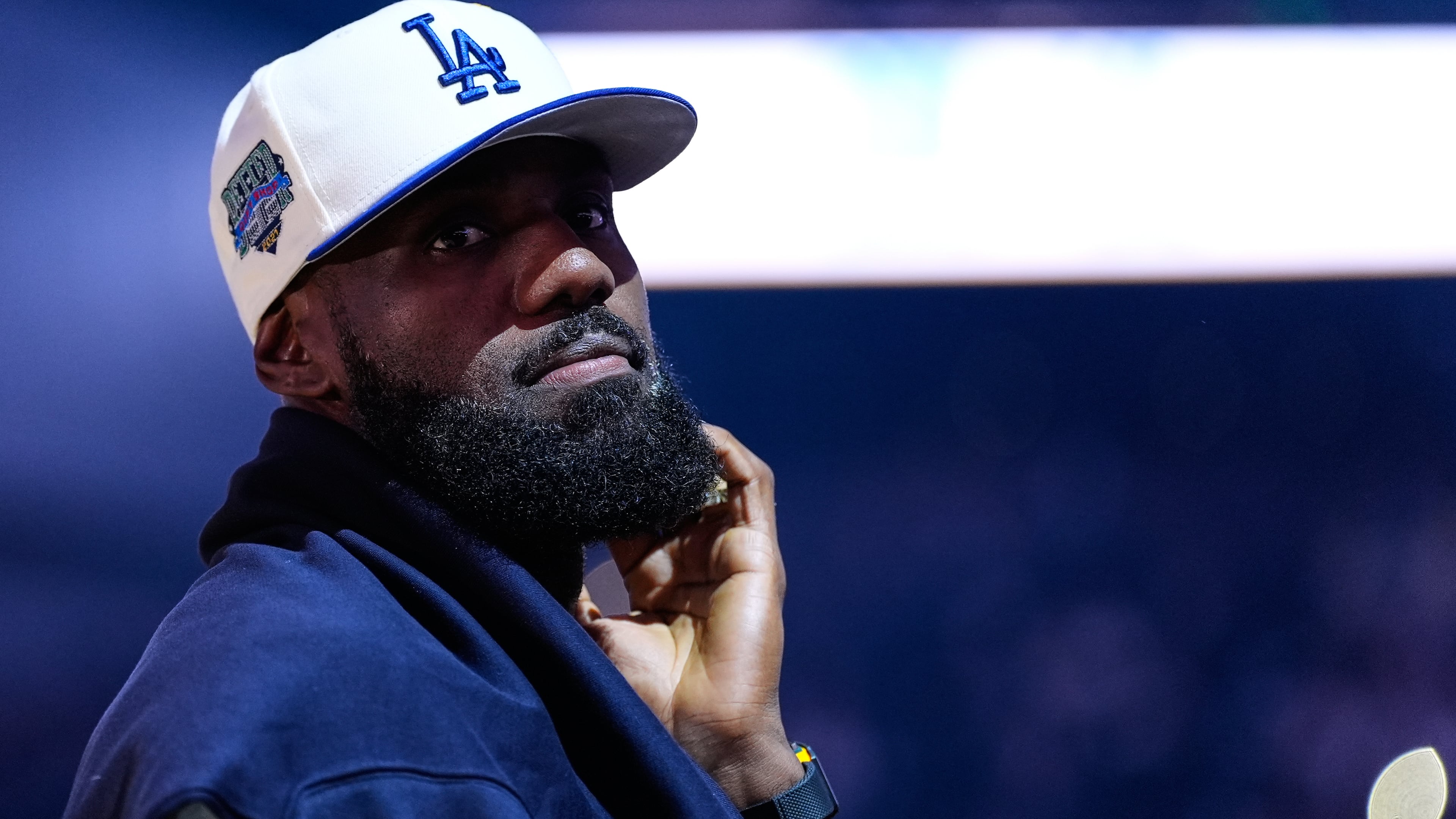 Los Angeles Lakers' Lebron James stands on the court before an NBA basketball preseason game against the Golden State Warriors, Sunday, Oct. 5, 2025, in San Francisco. (AP Photo/Godofredo A. Vásquez)