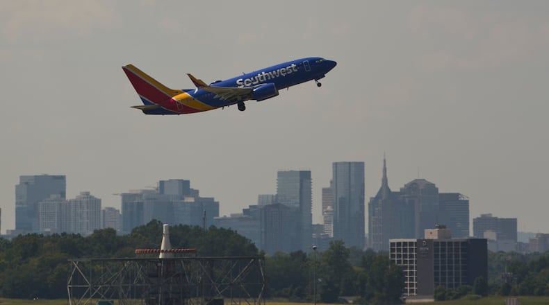 A Southwest jet takes off from the Nashville International Airport, Friday, Aug. 28, 2026, in Nashville, Tenn. (AP Photo/George Walker IV)