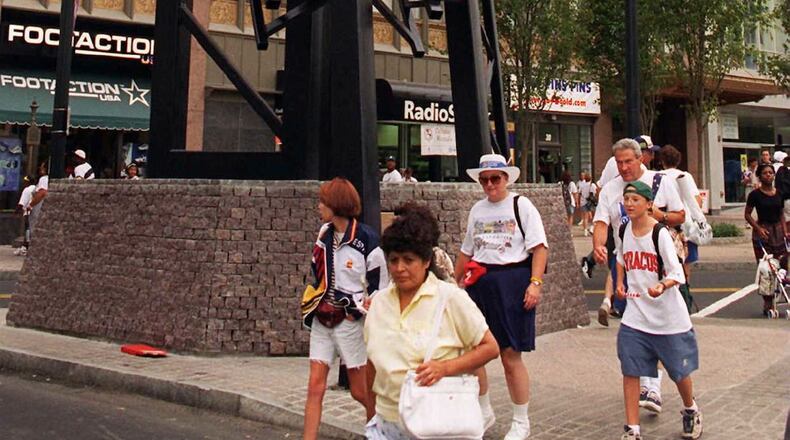Atlanta artist and former Georgia State professor George Beasley created Five Points Monument in the months leading up to the 1996 Summer Olympics. (Special to the AJC/Jayson Mellom) 7/96