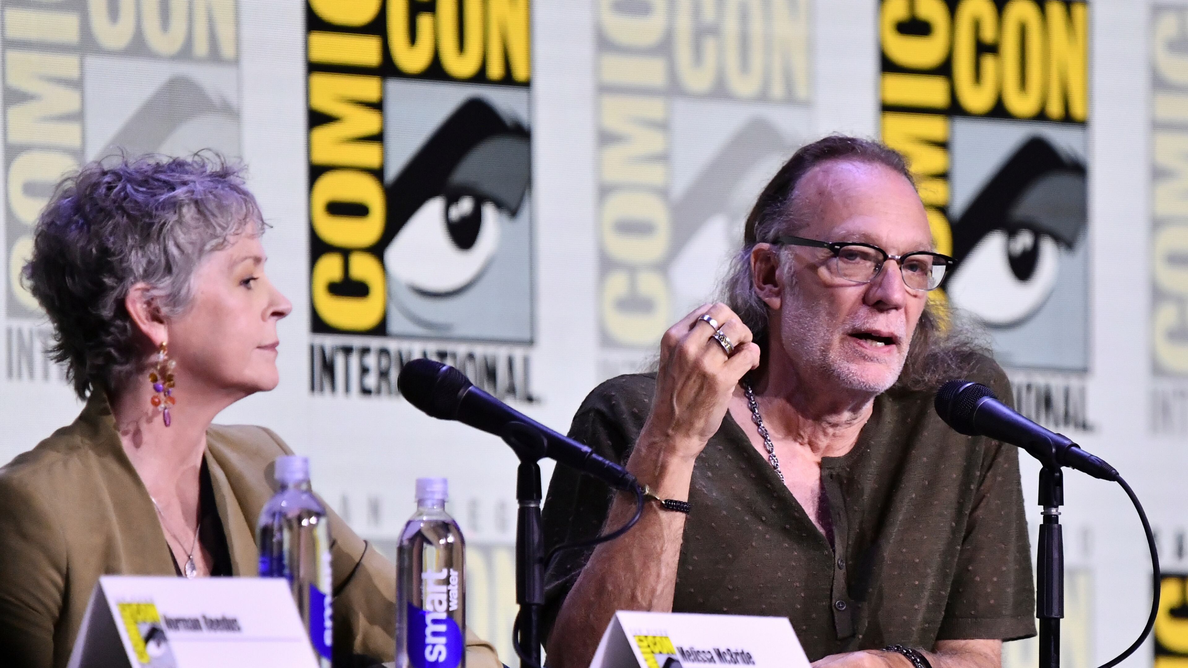 FILE. -Melissa McBride, left, and Greg Nicotero attend a panel for "The Walking Dead: Daryl Dixon" during Comic-Con International in San Diego on July 25, 2025. (Photo by Richard Shotwell/Invision/AP, File)
