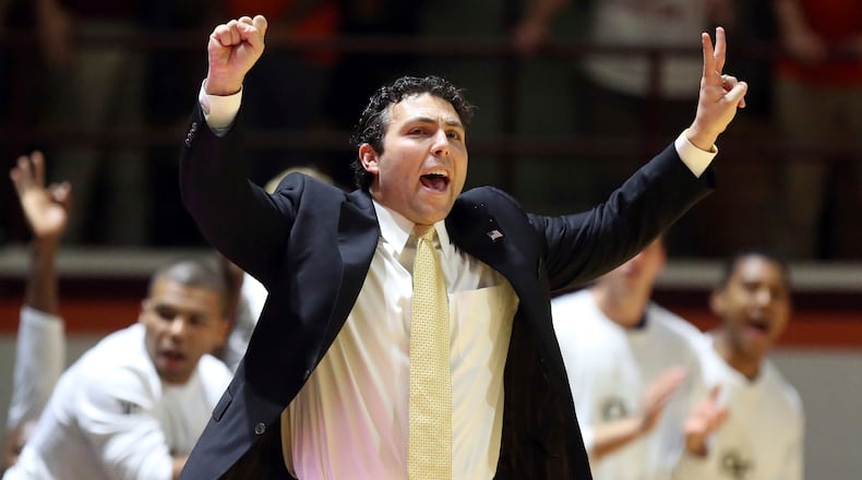 Georgia Tech coach Josh Pastner reacts to a score during the first half of the team's NCAA college basketball game against Virginia Tech in Blacksburg Va., Wednesday, Jan. 18 2017. (Matt Gentry/The Roanoke Times via AP)