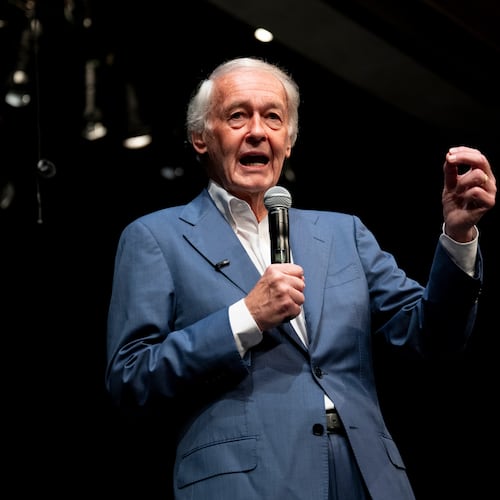 Sen. Ed Markey speaks during a town hall meeting at Holyoke Community College in Holyoke, Mass., Saturday, Aug. 15, 2026. (Daniel Jacobi II/The Daily Hampshire Gazette via AP)