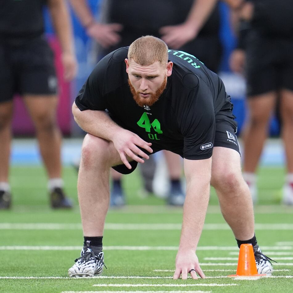 Georgia Tech offensive lineman Keylan Rutledge runs a drill at the NFL scouting combine in Indianapolis earlier this month. Rutledge is a two-time All-ACC selection and is projected to be selected between the second and fourth rounds of the NFL draft after a strong performance at the combine. (Michael Conroy/AP)