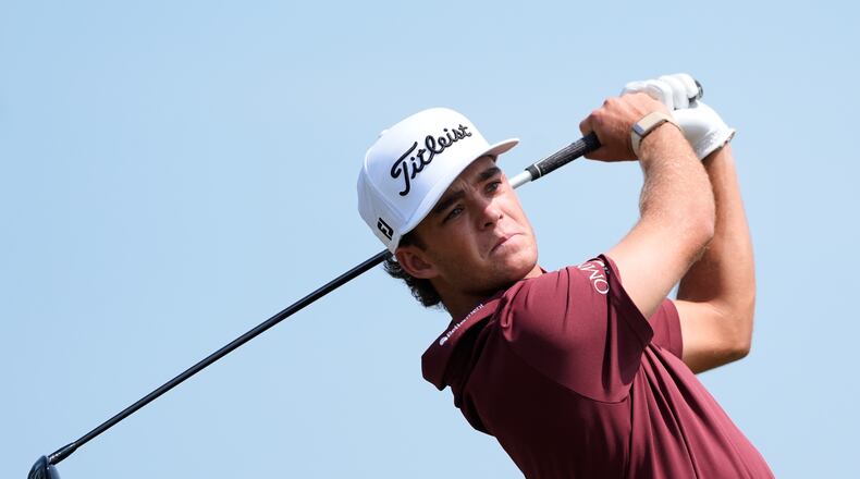 Jackson Koivun hits from the sixth tee during the first round of the 3M Open golf tournament at the Tournament Players Club Thursday, July 23, 2026, in Blaine, Minn. (AP Photo/Bruce Kluckhohn)