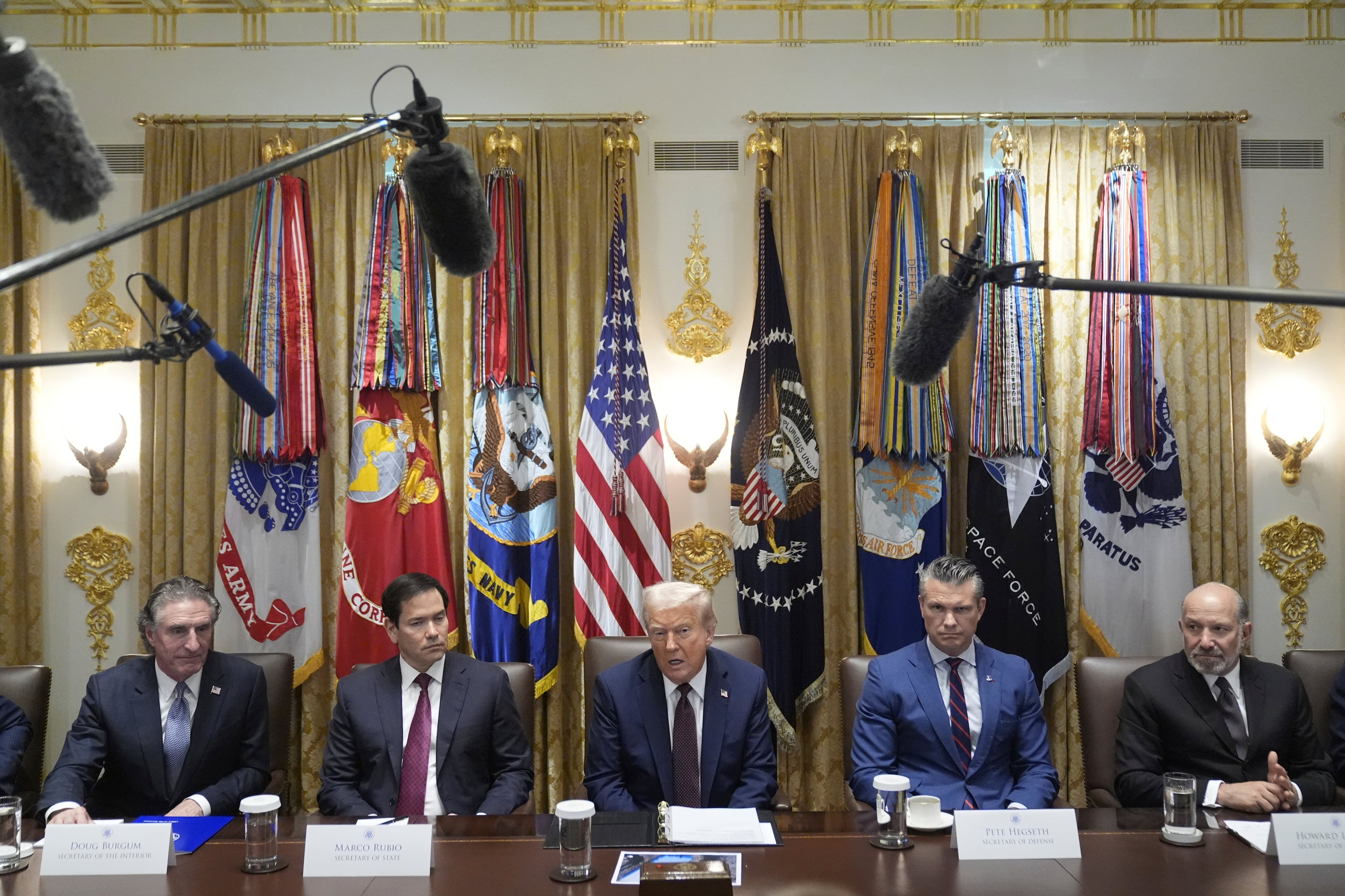 President Donald Trump speaks during a cabinet meeting, Tuesday, Aug. 26, 2025, at the White House in Washington. From left: Secretary of Interior Doug Burgum, Secretary of State Marco Rubio, Trump, Secretary of Defense Pete Hegseth and Secretary of Commerce Howard Lutnick. (Mark Schiefelbein/AP)