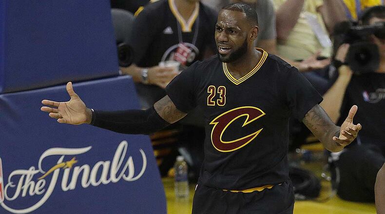 LeBron James reacts to a call during Game 2 of the 2017 NBA Finals at Golden State’s Oracle Arena.