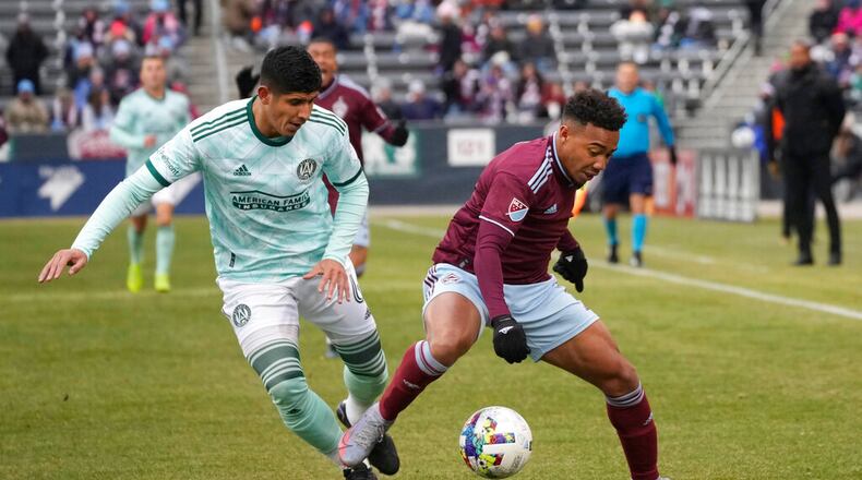 Atlanta United's Alan Franco (left) vies for control of the ball with Colorado's Jonathan Lewis during the first half of an MLS match Saturday in Commerce City, Colo. (AP Photo/David Zalubowski)